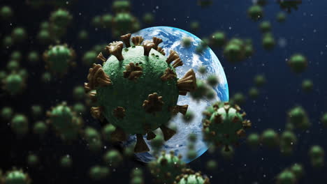 animación de células de covid 19 flotando sobre el planeta tierra
