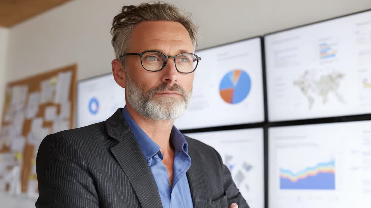 A Thoughtful Professional Analyzes Data in a Modern Office Setting, Reflecting on Insights Gained from Innovative Charts and Graphs