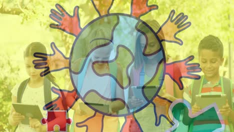 animation of colourful puzzle pieces and globe with hands over school children using tablets