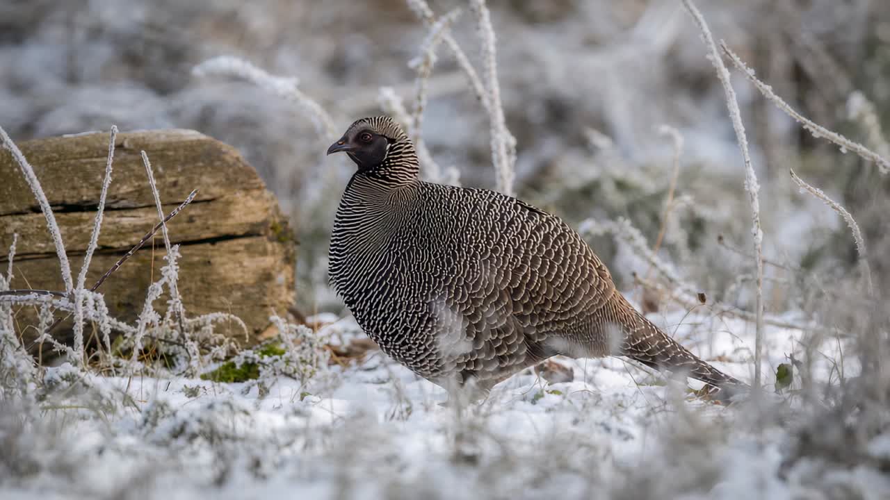 Bewegung erfassen, ein gestreifter Boden vogel scannt ein verschneites Feld und bewegt sich in die Nähe eines abgenutzten Baumstamms und bereiften Grases