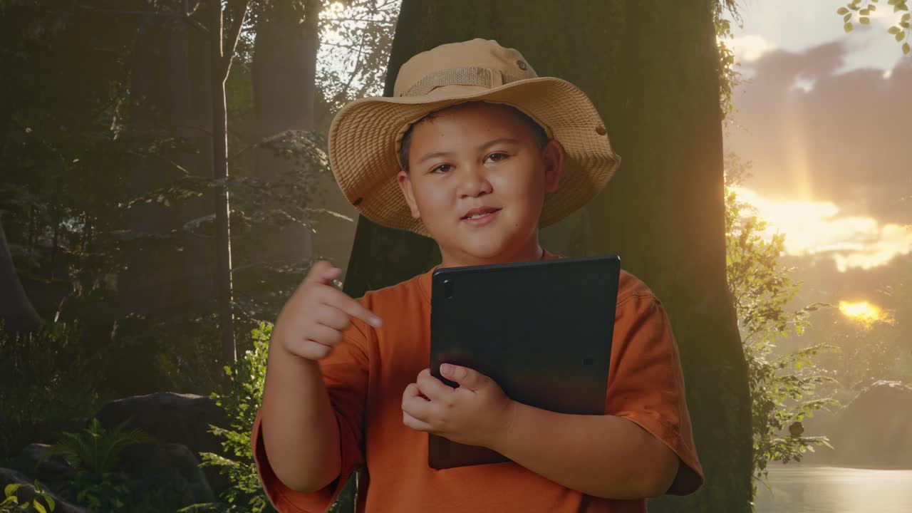 모자와 안경을 쓴 아시안 소년은 숲의 자연을 탐험하는 동안 미소 짓고 태블릿을 가리키고 있습니다. 소년 연구자는 무언가를 조사합니다. 여행, 관광, 모험 개념, 근접