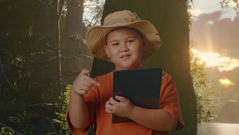 niño asiático con un sombrero y binoculares sonriendo y señalando a una tableta mientras explora la naturaleza del bosque. niño investigador examina algo, concepto de aventura de turismo de viaje, de cerca