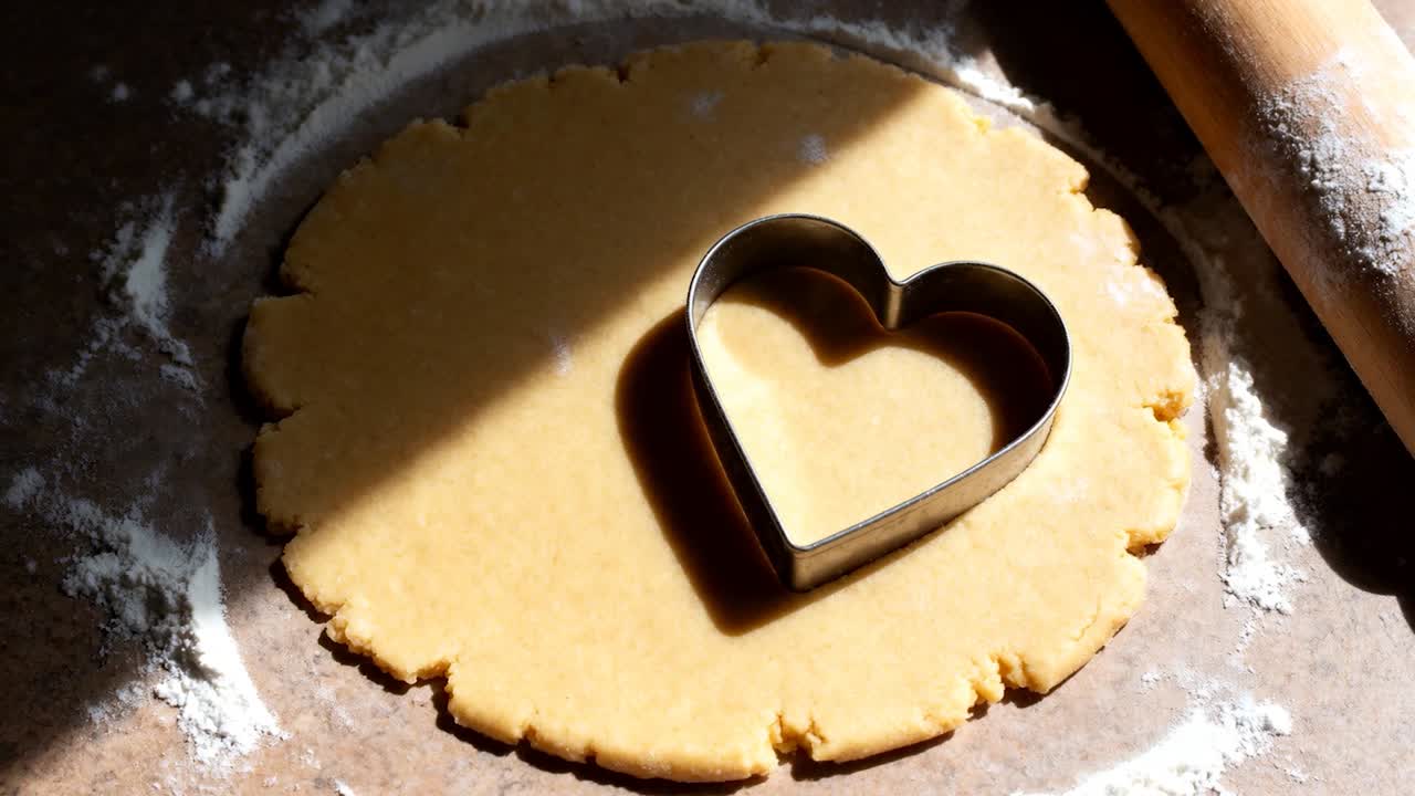Moving sunlight crossing kitchen board metal heart cutter sitting on rolled dough set to cut hearts