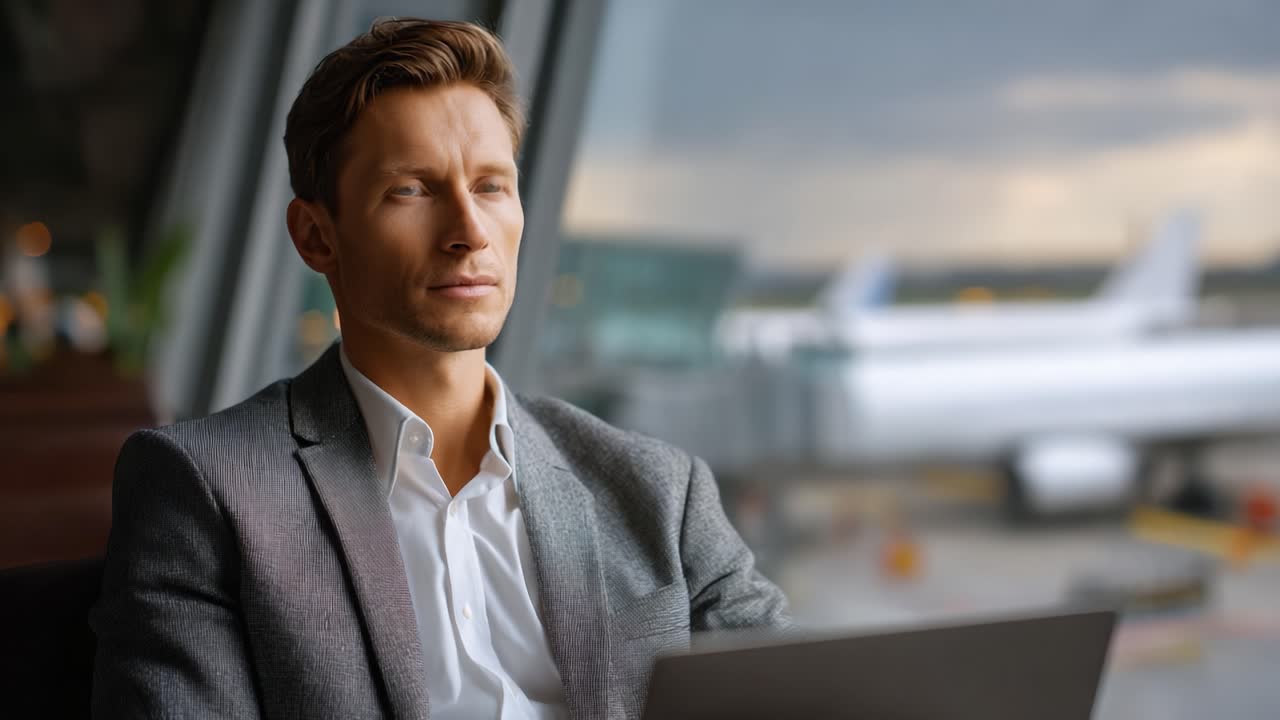 Fokuseret forretningsmand i lufthavnslounge, der overvejer planer, mens han kigger ud ad vinduet på lufthavnsinfrastrukturen og et fly, der forbereder sig til takeoff