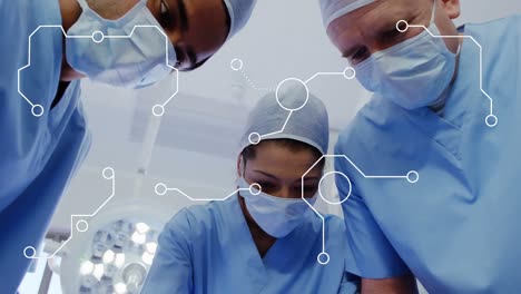 animation of integrated circuit over group of diverse male and female surgeons at surgery room