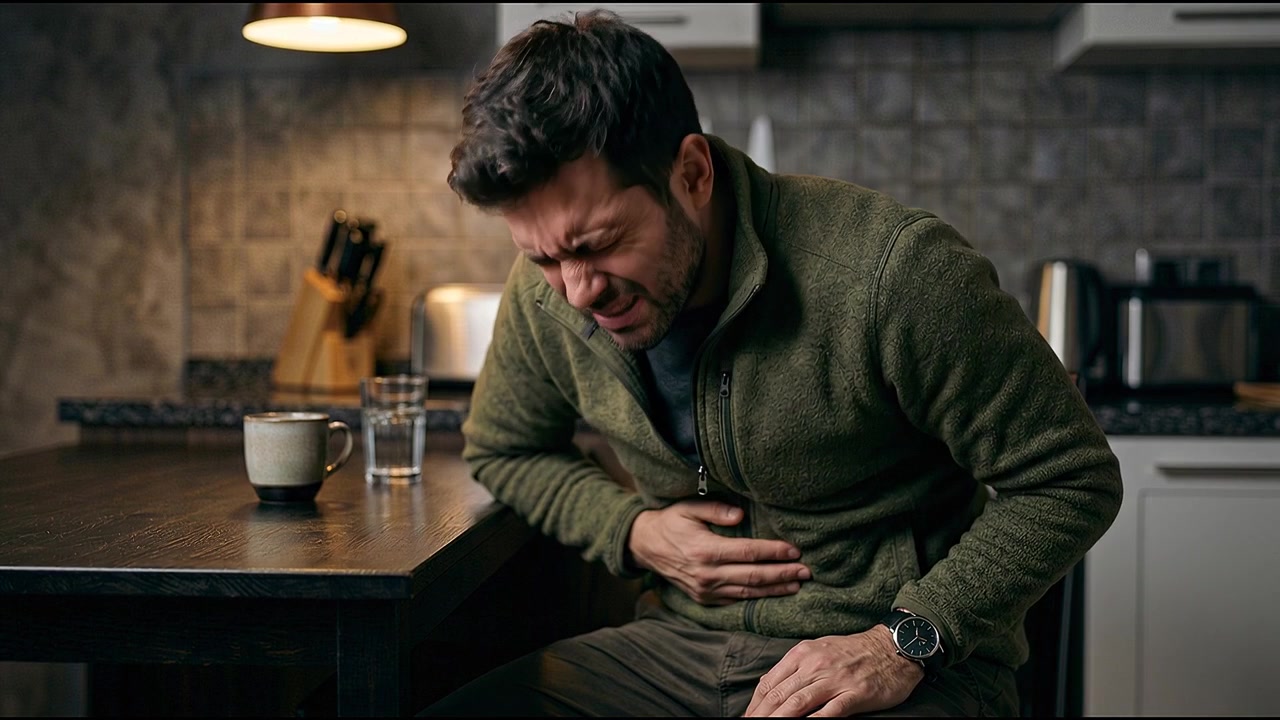 Adult male leaning over table while experiencing stomach pain and physical discomfort