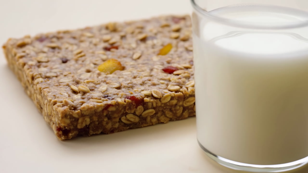 Closeup Glass Of Milk With Granola Seed And Dried Fruit Cereal Bar On Neutral Beige Background, Detailed
