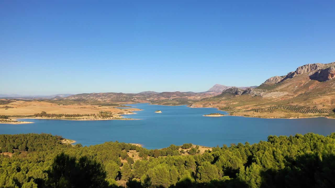 아름다운 호수 풍경을 드러내기 위해 나무 사이를 날아다니는 공중 전망, 드론에서 촬영한 놀라운 자연 경관, 작은 틈을 통해 날아가는 모습