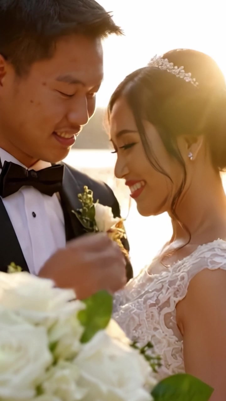 輝かしい夕べ：美しい景色を見下ろすロマンチックな夕焼けの中、結婚式で愛を祝う幸せなカップル。