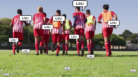soccer teammates jogging across grass pitch, with floating graphs and cleat icons for sports design