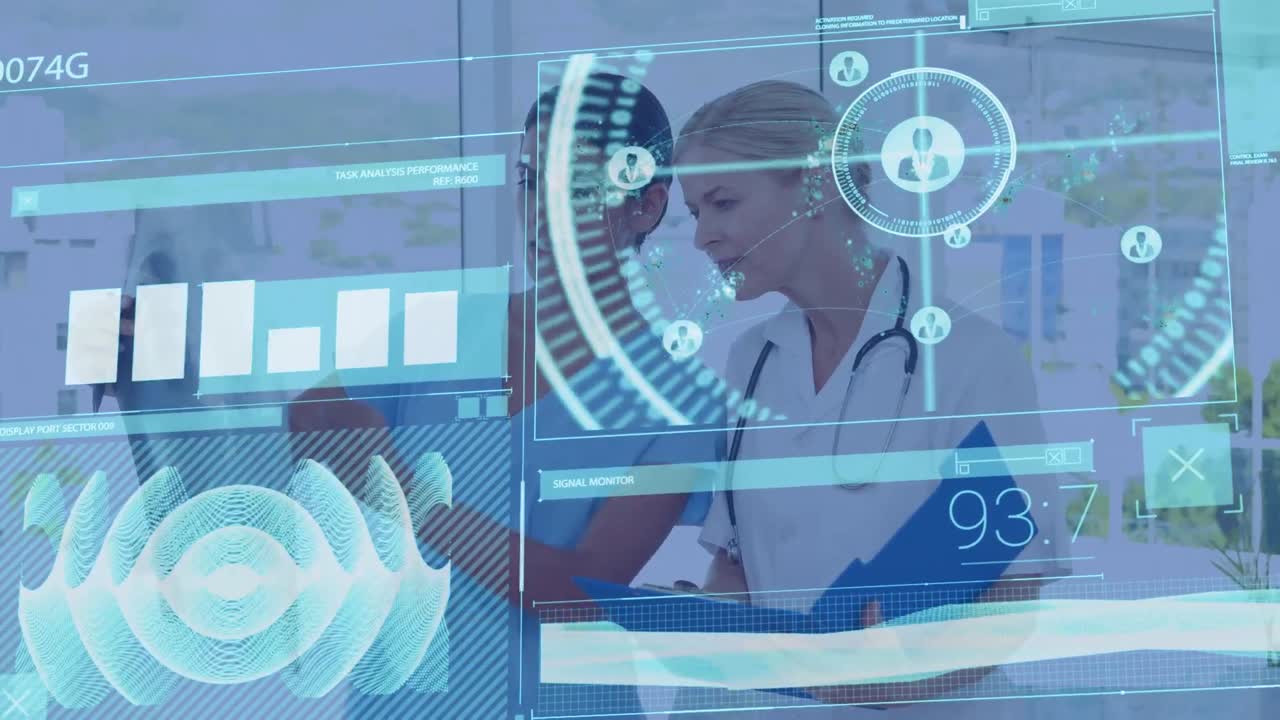 animación de escaneo de alcance y procesamiento de datos sobre diversas médicas