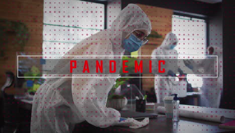 pandemic text against team of health workers spraying disinfectant at office