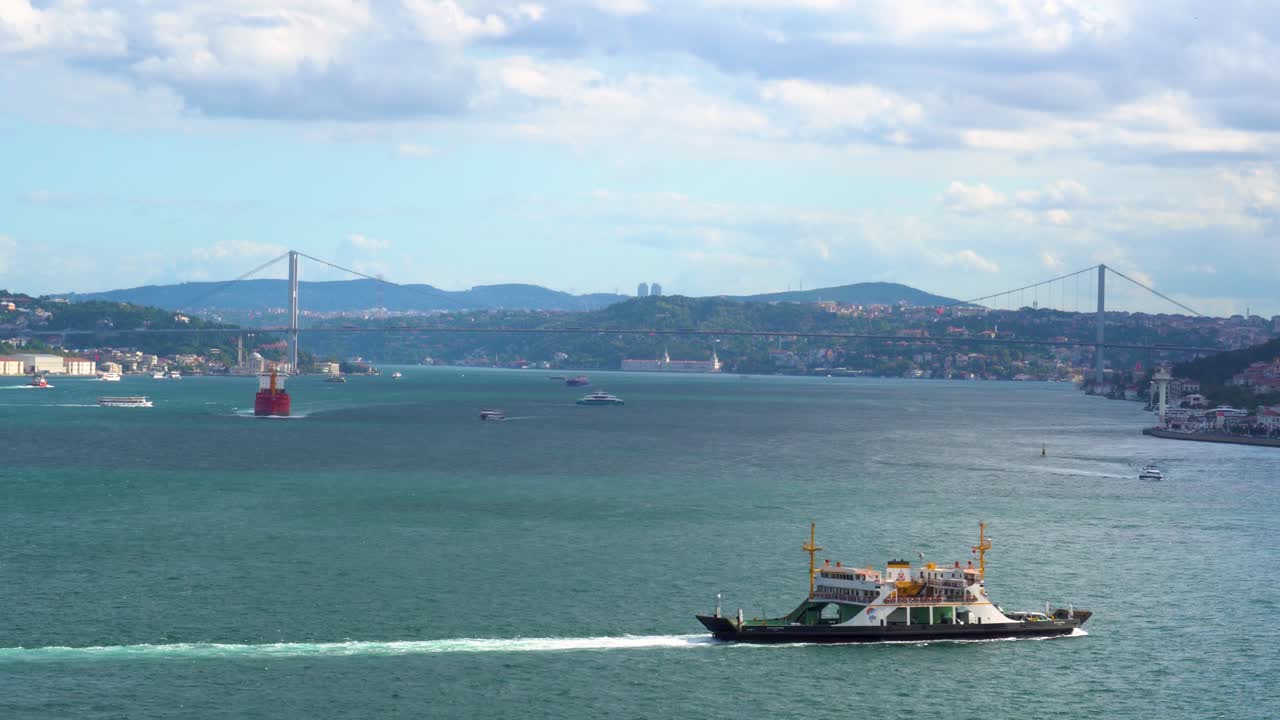 Boats Passing The Bosphorus Strait, Bridge, Istanbul, Turkey, Sunny Day