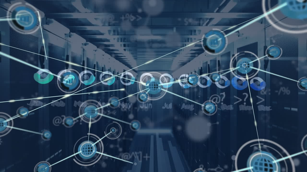 Animation of network of connections with icons and data processing over server room