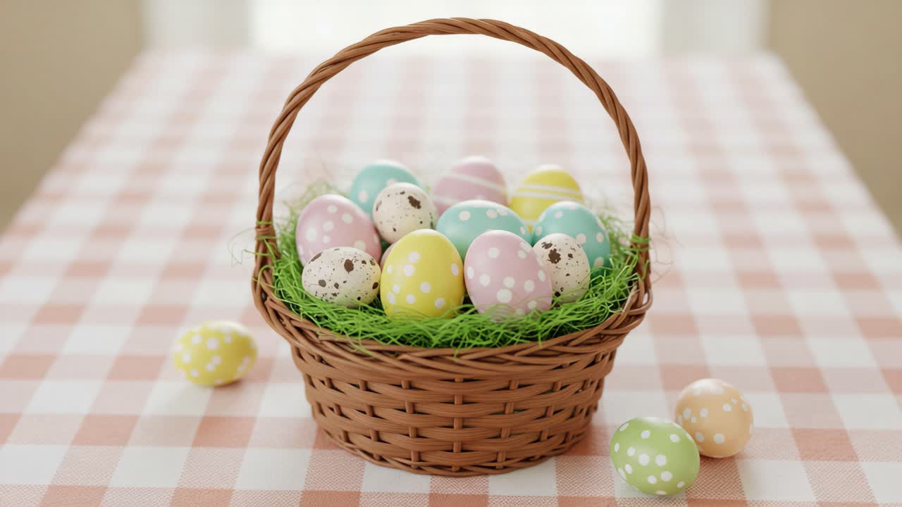 A Delightful Easter Basket Overflowing with Colorful Decorated Eggs Nestled in Soft Green Grass on a Charming Checkered Tablecloth, Celebrating the Joy of Springtime Festivals
