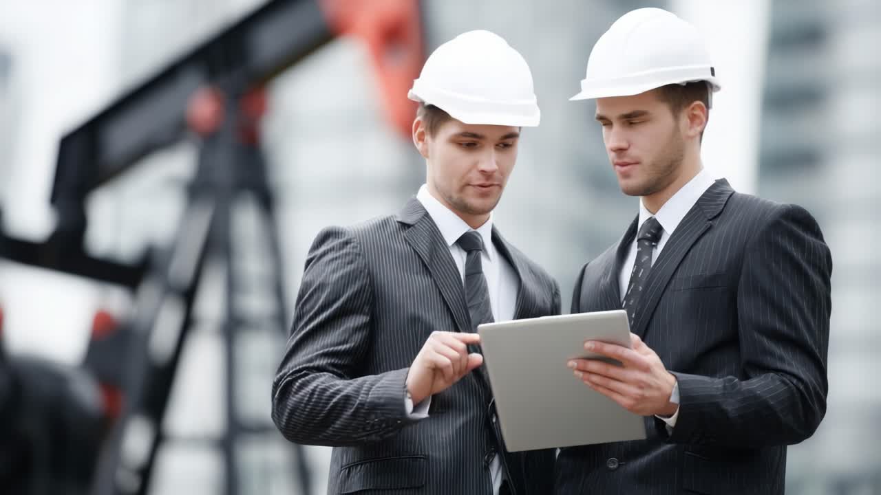 Two engineers in hard hats reviewing project data on a tablet against an industrial backdrop, highlighting collaboration and technology in engineering