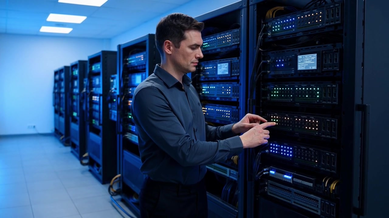 IT Professional Inspecting Server Racks in a Data Center