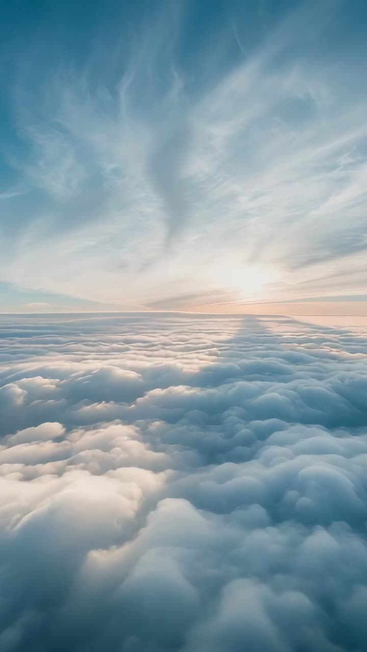 Video verticale: camera che scende dolcemente sopra lo strato di nuvole mentre il sole si avvicina all'orizzonte, catturando la luce