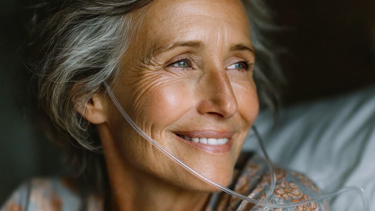 Captivating Portrait of a Graceful Woman with a Warm Smile and Oxygen Tube, Radiating Positivity and Resilience in a Peaceful Atmosphere