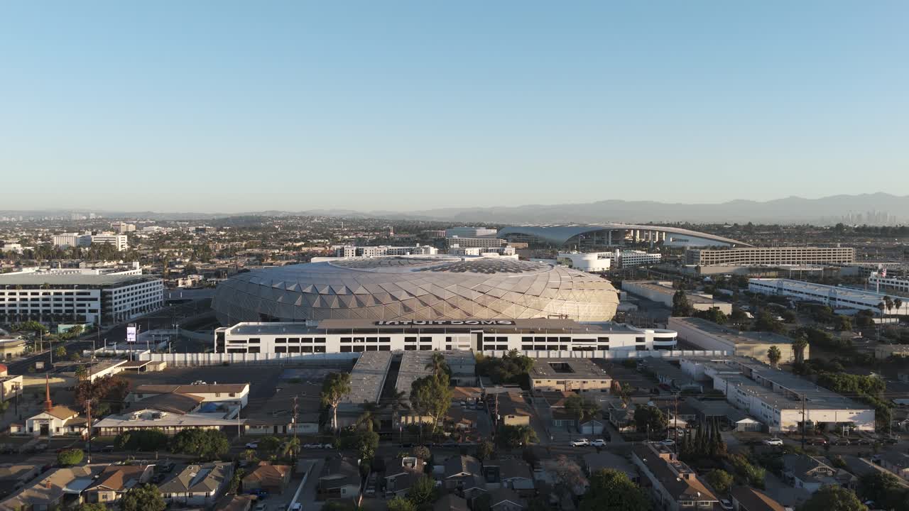 Intuit Dome Arena aerial shot during sunrise
