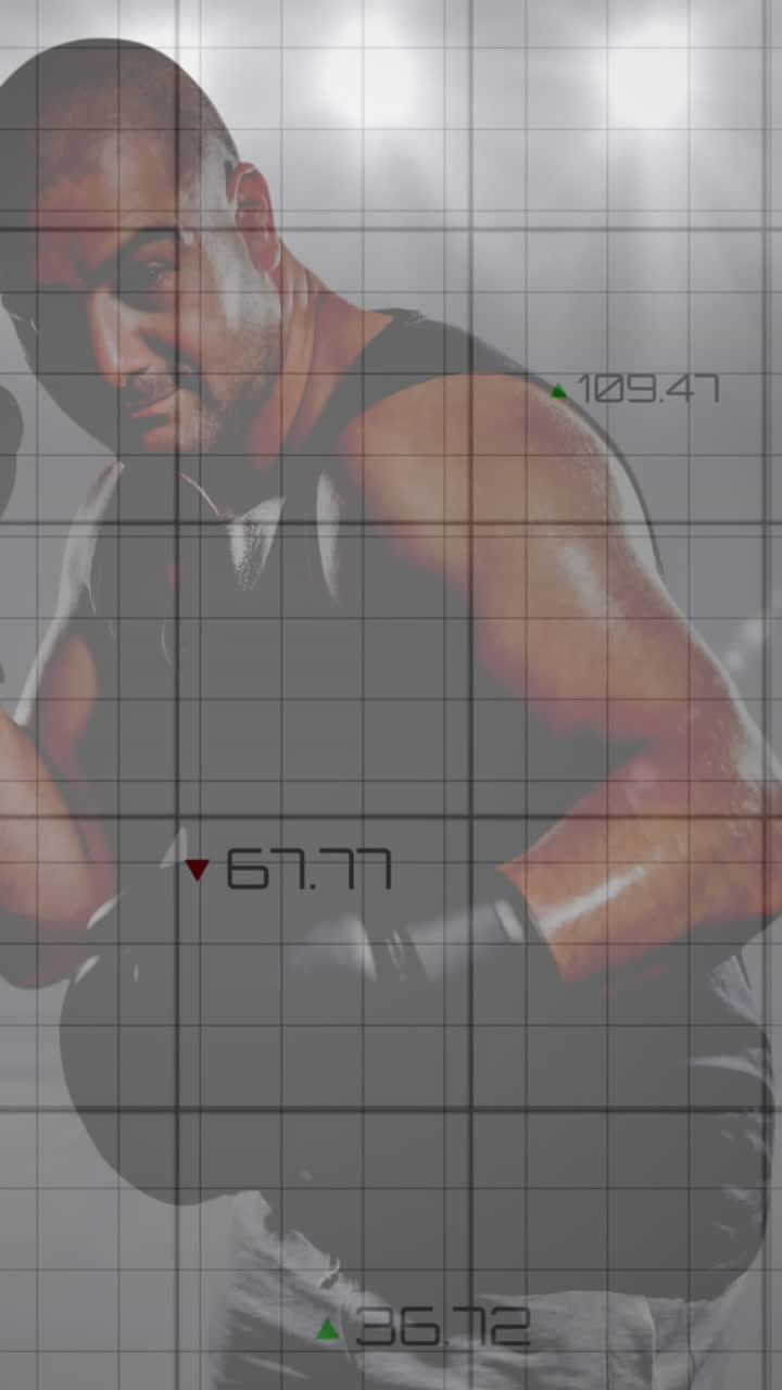 animación de gráficos y procesamiento de datos sobre boxeador masculino y reflectores