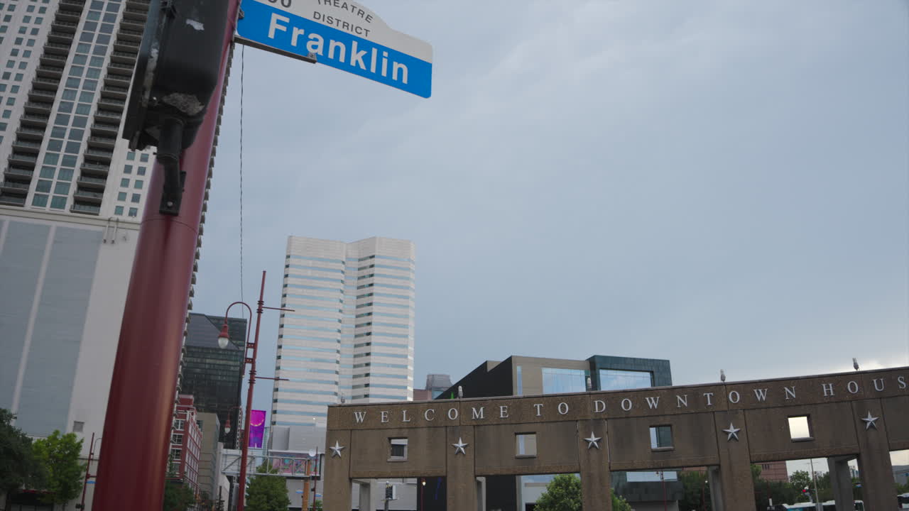 Establishing shot of the 'Welcome to Houston' Sign in downtown Houston, Texas