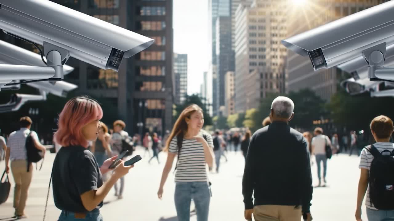 A bustling city scene features diverse pedestrians captured under the watchful gaze of surveillance cameras highlighting themes of privacy and public safety