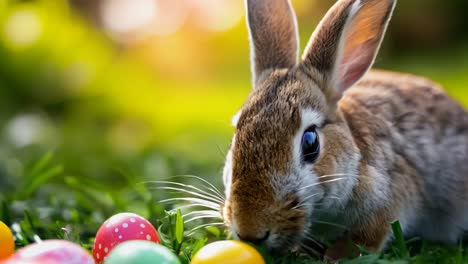 un pequeño conejo sentado en la hierba junto a una pila de huevos coloridos