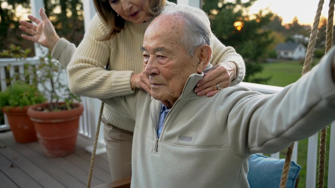 協助年長男女走近，將手放在門廊鞦韆上的套頭衫上，並為其整理衣領。