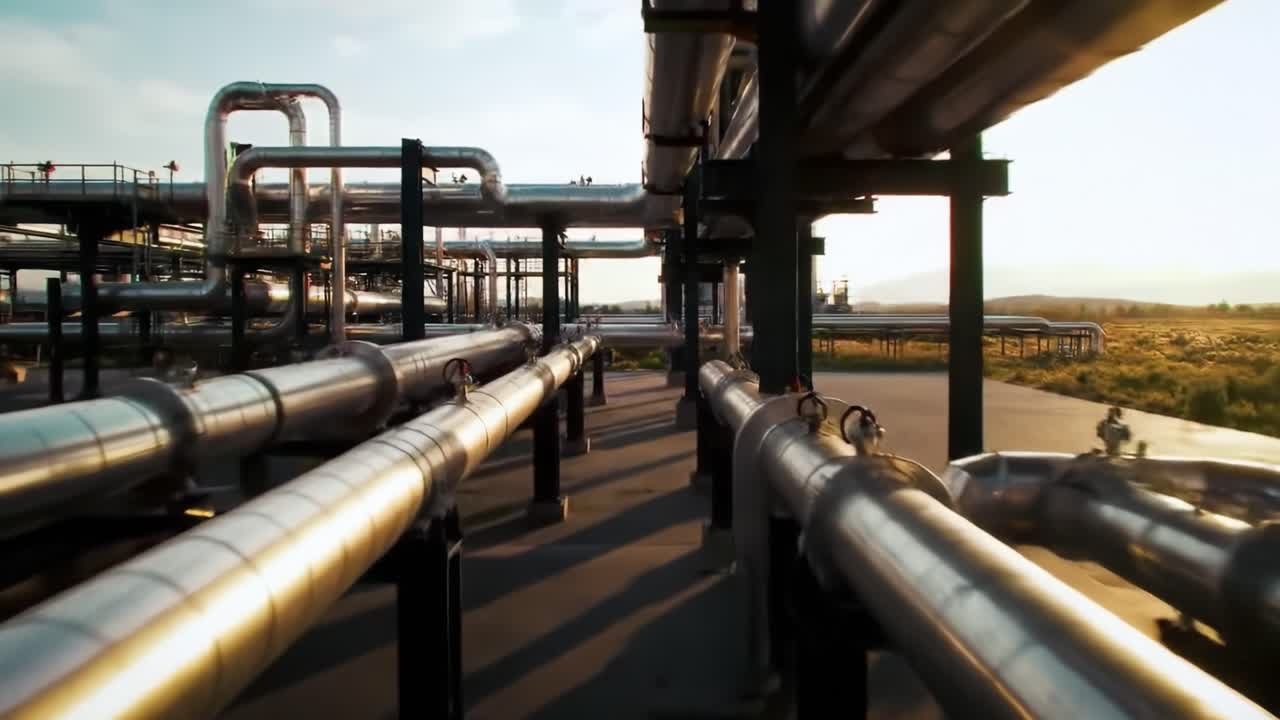 Exploring the Intricate Network of Industrial Pipelines at Dusk, Showcasing Metal Structures and Shadows in a Dynamic Industrial Environment