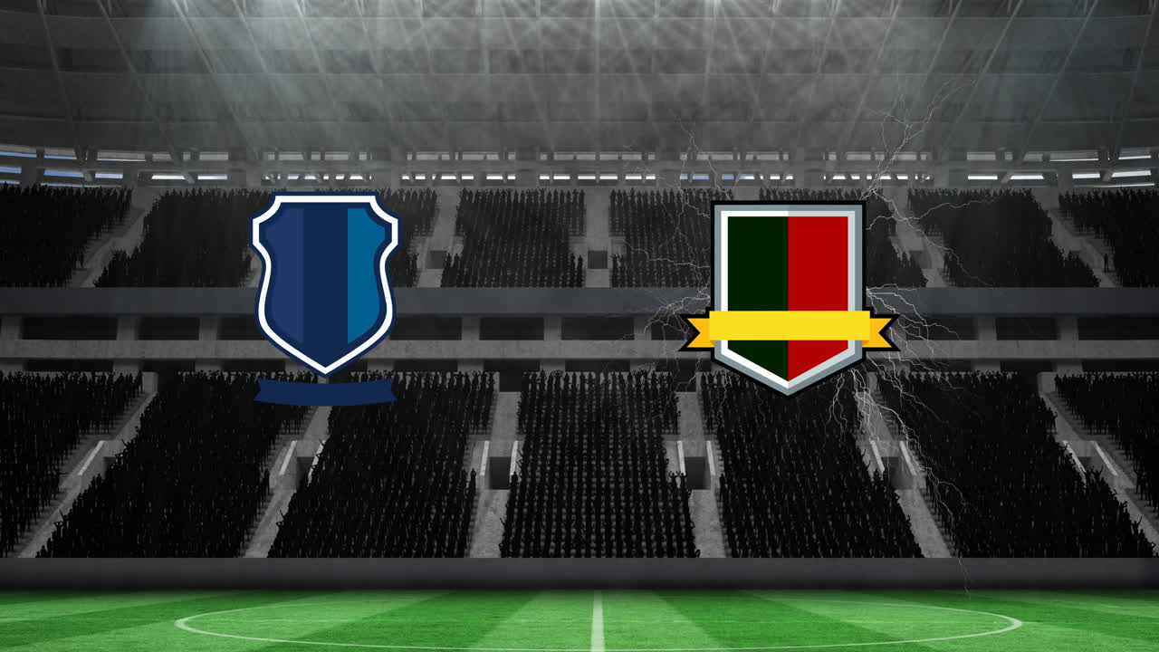 Animation of two team emblems over sports stadium