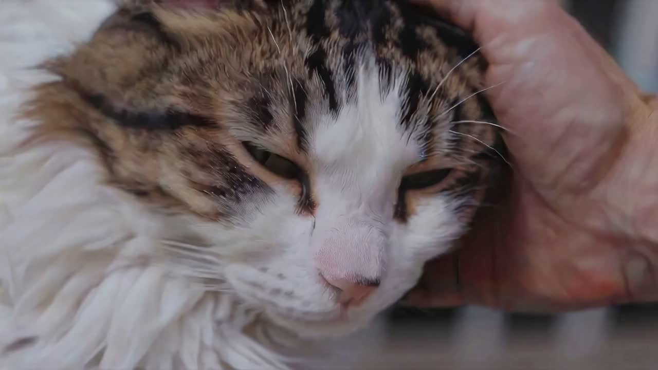 Close-up video of a content cat being petted, shot from a low angle. The focus is on the cat's face