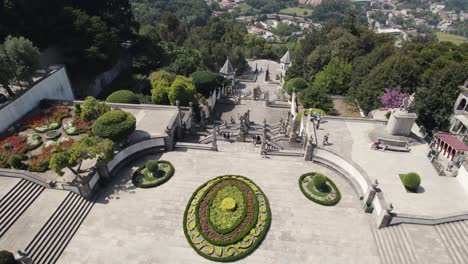 aerial top-down circling over stairway of bom jesus do monte sanctuary in braga, portugal