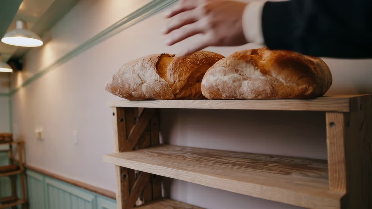 Hands Unpacking Fresh Bread Loaves onto Wooden Shelves in a Bakery