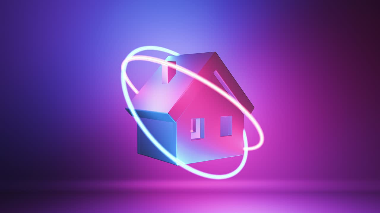 네온 빛의 추상적인 건물. 보호 스캐닝 으로 둘러싸인 집 개념.