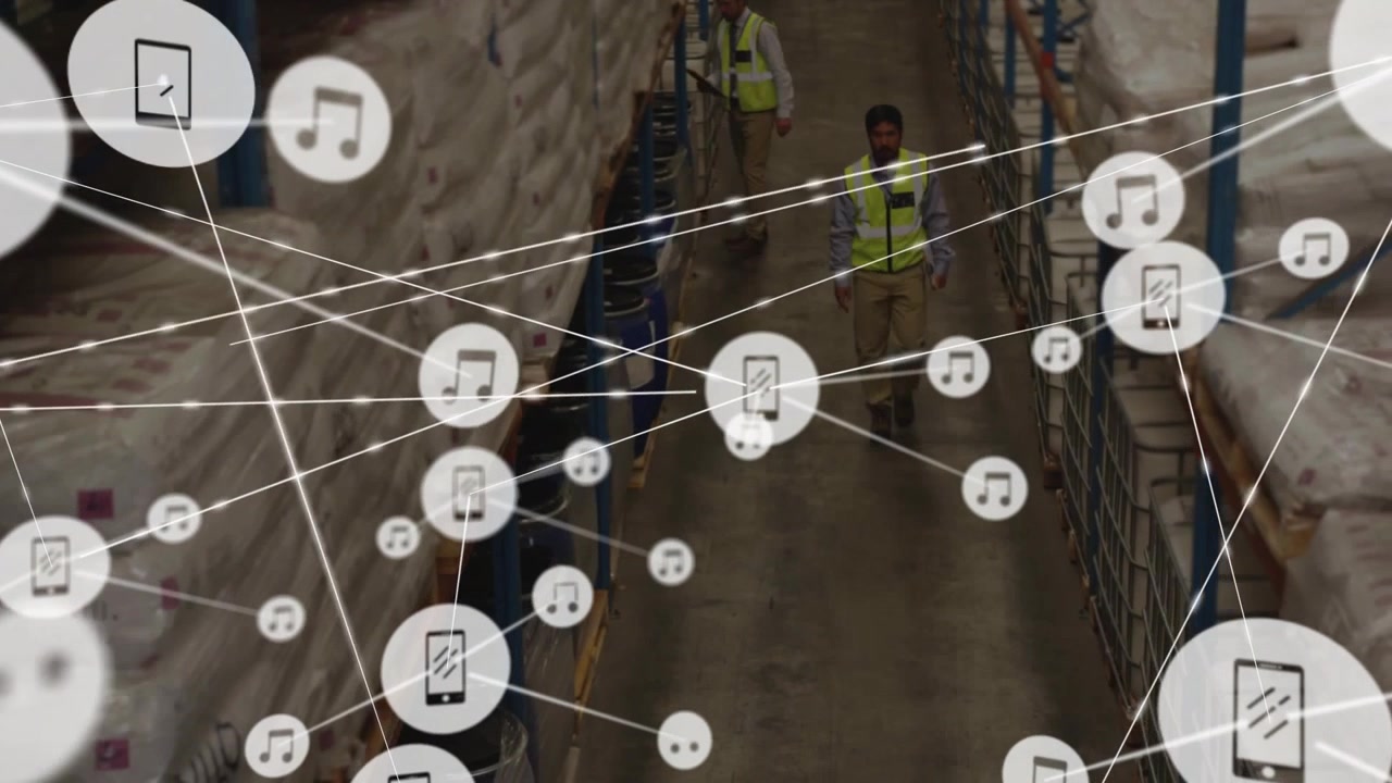 Warehouse staff scanning inventory, causing smart icon overlay covering staff while boss walking