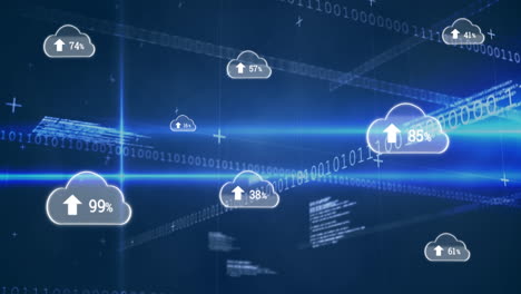 animación de iconos de nubes y procesamiento de datos sobre un fondo oscuro