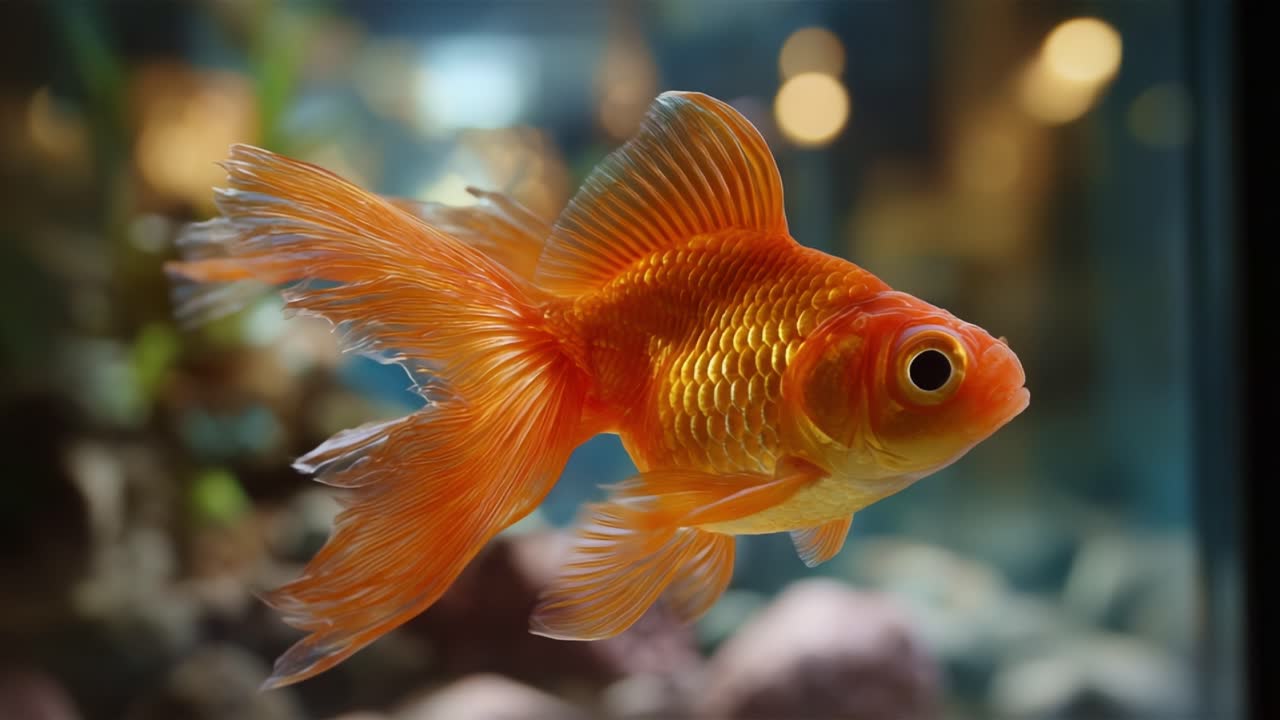 En farvestrålende guldfisk glider yndefuldt gennem sit akvatiske habitat og viser strålende farver og glidende bevægelser i et afslappet undervandsmiljø