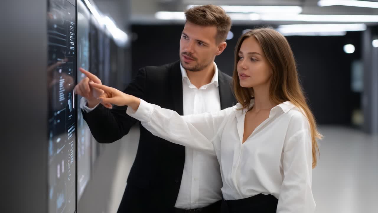 Engaged Collaboration: A Man and Woman Analyzing Interactive Display Together in a Modern, High-Tech Environment, Fostering Productivity and Innovation