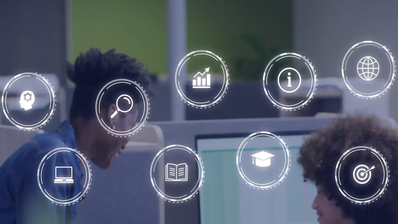 Animation of network of icons over diverse business people