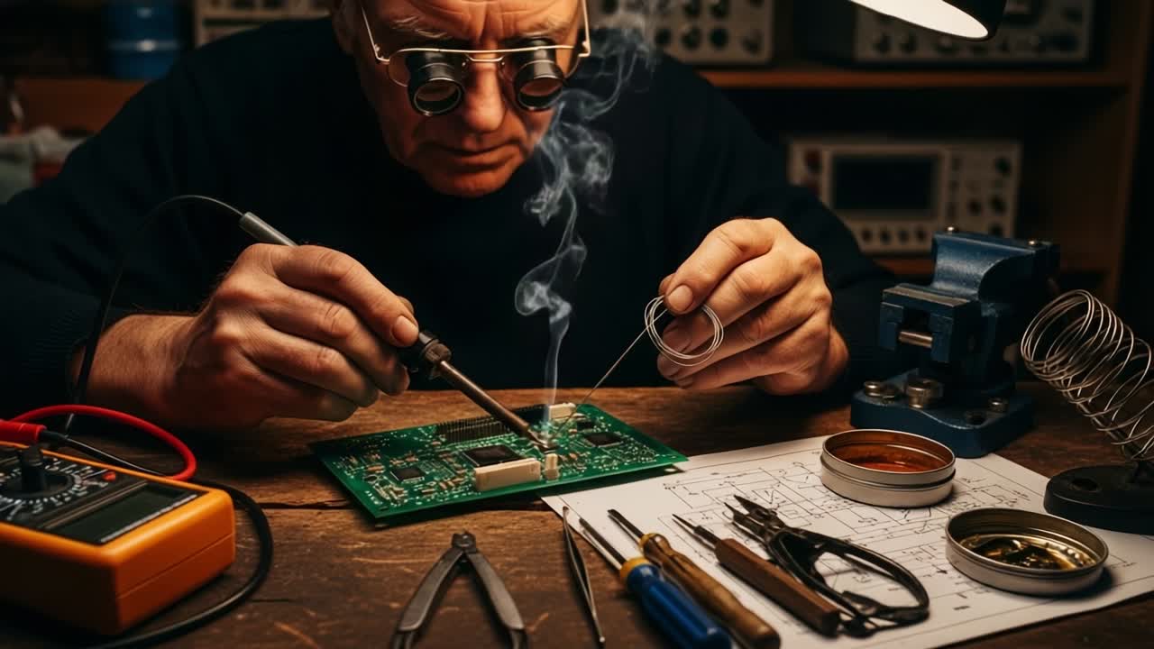 A skilled technician meticulously soldering components on a circuit board while surrounded by essential tools and equipment, showcasing expertise in electronics repair and fabrication in a focused work environment. Smoke rises as soldering occurs