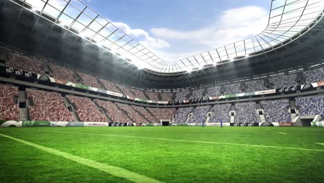 view of a rugby stadium with sunny weather
