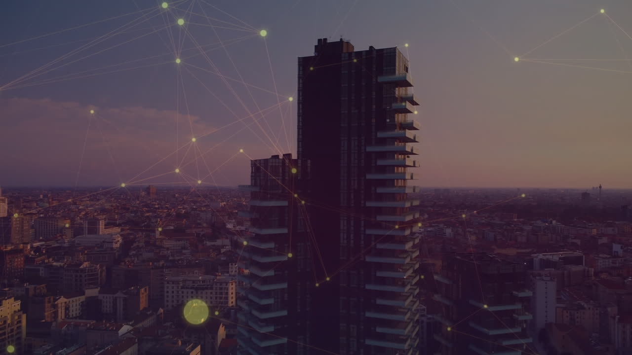 animación de la red de conexiones sobre el paisaje urbano