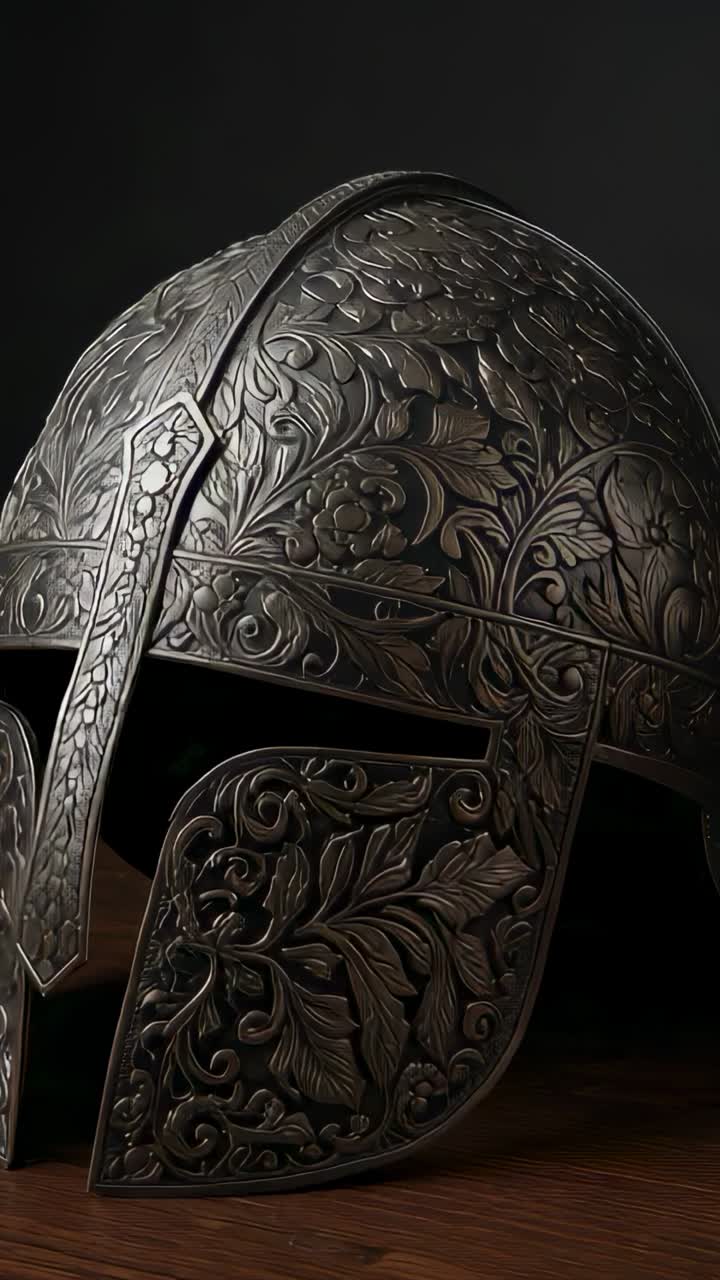 Vertical video: Camera panning right tilting downward over tabletop, revealing helmet scrollwork