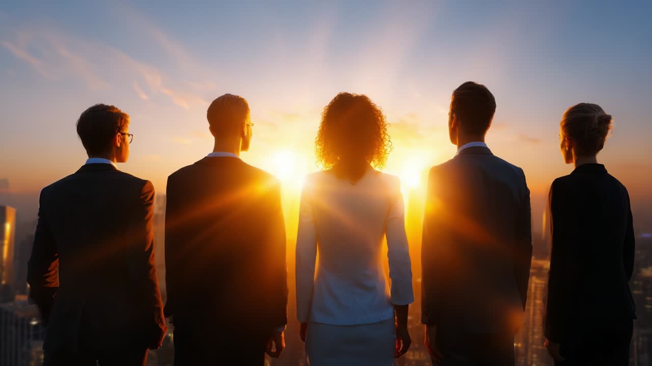 Business Team Facing the Sunset: A Vision of Success