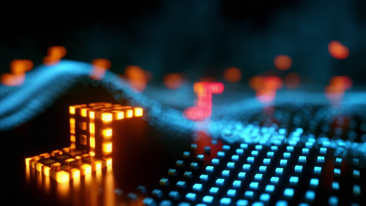 A Captivating Display of Light and Motion: Illuminated Block Shapes Emerge from a Digital Wave, Infusing the Scene with Vibrant Colors and Dynamic Patterns, Creating a Stunning Visual Experience