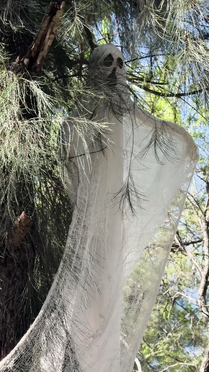 Ghost doll on tree, eerie and handmade, evokes spooky mood outdoors