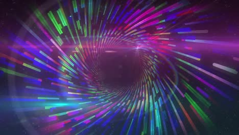 Digital-animation-of-colorful-light-trails-spinning-against-spot-of-light-on-black-background
