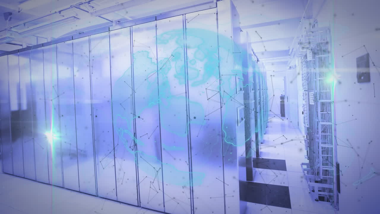 지구의 애니메이션, 연결 네트워크 및 컴퓨터 서버를 통한 데이터 처리