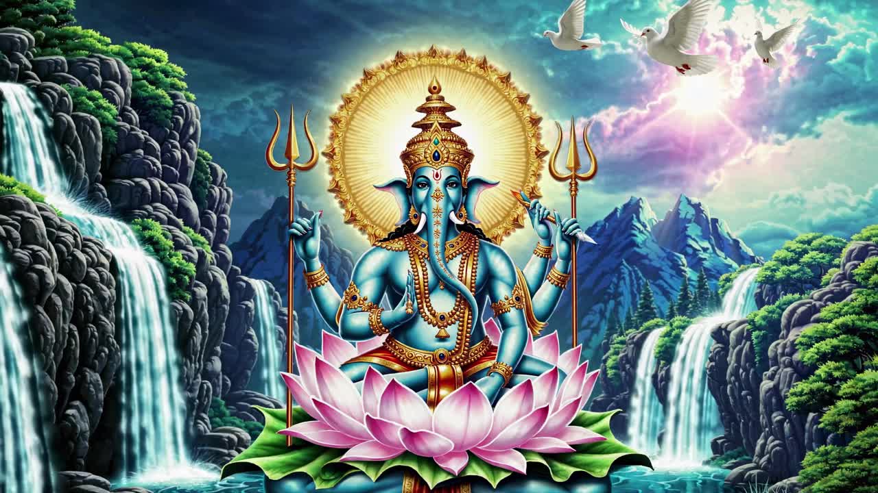 Representação vibrante de uma divindade com múltiplos braços, sentada em um lótus, cercada por cachoeiras
